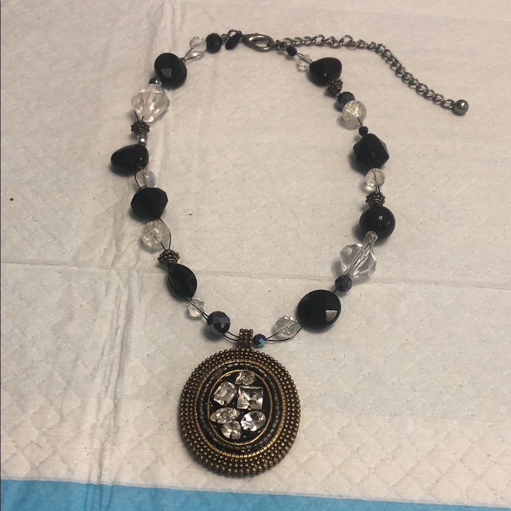 Chico's Black and Clear Bead Necklace with Gold-Tone Rhinestone Pendant